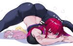  2girls absurdres bare_arms bare_shoulders black_pants black_sports_bra blue_eyes blush closed_mouth crossed_arms earrings hair_between_eyes hakui_koyori heterochromia highres hololive horns irys_(hololive) jack-o&#039;_challenge jewelry long_hair looking_at_viewer meeko_illus multiple_girls pants pointy_ears purple_eyes red_hair sidelocks smile sports_bra top-down_bottom-up 