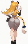  1girl absurdres alternate_costume animal_ears ass bag black_bag black_shoes blue_hair cropped_jacket dongtan_dress green_eyes handbag high_heels highres jacket ju_fufu long_hair looking_at_viewer multicolored_hair shoes solo tail tail_through_clothes tiger_ears tiger_girl tiger_tail two-tone_hair white_hair yellow_jacket yuibread zenless_zone_zero 