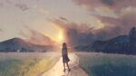  1girl arms_at_sides black_shoes blue_sailor_collar blue_skirt building cloud cloudy_sky commentary_request evening field flying_grass from_behind grass grey_hair harucoro25 highres hill landscape medium_skirt mountainous_horizon nature original path pleated_skirt reflection reflective_surface sailor_collar scenery school_uniform serafuku shirt shoes short_sleeves skirt sky socks solo standing sun tree umbrella white_shirt white_socks wide_shot 