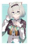 1girl absurdres animal_ears brown_hairband brown_jacket cat_ears collared_dress cropped_jacket dress eyewear_on_head firefly_(honkai:_star_rail) glasses gradient_eyes gradient_hair green_pupils grey_hair hair_between_eyes hair_intakes hairband hand_on_own_chest highres honkai:_star_rail honkai_(series) jacket long_sleeves multicolored_eyes multicolored_hair neckerchief orange_neckerchief pink_lips polka_dot polka_dot_background pyarthra smile solo tinted_eyewear two-tone_eyes white_dress white_sleeves 