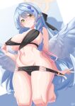  1girl absurdres angel_wings arada_(corsair_zero) bare_shoulders barefoot bikini black_bikini blue_archive blue_hair blush breasts cleavage green_eyes halo highres kneeling large_breasts long_hair looking_at_viewer mine_(blue_archive) navel pointy_ears solo swimsuit thighs wings 