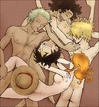  1girl 4boys black_hair blonde_hair green_hair hat monkey_d._luffy monkey_d_luffy multiple_boys nami nami_(one_piece) nude one_piece orange_hair roronoa_zoro sanji sleeping straw_hat syb usopp 