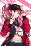  1girl black_hat earrings hat high_ponytail highres hirosenpai hololive hololive_english holomyth horned_hat jacket jewelry long_sleeves midriff mori_calliope mori_calliope_(streetwear) open_clothes open_jacket pink_eyes pink_hair ponytail puffy_long_sleeves puffy_sleeves red_jacket red_nails skull_print smile solo v virtual_youtuber 