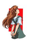  1girl amondetauro arms_behind_back blue_eyes from_behind grey_skirt grey_vest highres interface_headset_(evangelion) long_hair looking_at_viewer neon_genesis_evangelion orange_hair school_uniform shirt short_sleeves simple_background skirt smile solo souryuu_asuka_langley tokyo-3_middle_school_uniform vest white_shirt 