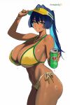  1girl adjusting_clothes adjusting_headwear alternate_costume alternate_hairstyle bikini blue_eyes blue_hair blunt_ends bracelet brazilian_flag brazilian_flag_print breasts can cleavage colored_inner_hair commentary flag_print grin hair_between_eyes hair_intakes halterneck highleg highleg_bikini highres hololive hololive_english huge_breasts incoming_drink jewelry long_hair looking_at_viewer multicolored_hair navel necklace ouro_kronii ponytail side-tie_bikini_bottom simple_background smile solo string_bikini swimsuit tan tanlines tomatoketchup96 virtual_youtuber visor_cap white_background yellow_bikini 