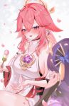  2girls absurdres animal_ears bare_shoulders breasts bridal_gauntlets commentary dango detached_sleeves earrings food fox_ears fox_girl genshin_impact hair_between_eyes hair_ornament highres holding holding_food jewelry large_breasts long_hair multiple_girls nyamo-lv0 open_mouth pink_hair purple_eyes purple_hair raiden_shogun shirt sleeveless sleeveless_shirt symbol-only_commentary twitter_username wagashi white_shirt yae_miko 