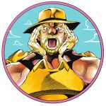  1boy araki_hirohiko_(style) ark_nemesis beard blonde_hair blue_eyes blue_sky derivative_work english_commentary facial_hair gloves hands_on_own_cheeks hands_on_own_face hat hatching_(texture) highres jojo_no_kimyou_na_bouken joseph_joestar joseph_joestar_(old) male_focus official_style open_mouth round_image shirt shouting sky solo stardust_crusaders sweat upper_body wristband yellow_gloves yellow_hat yellow_shirt 
