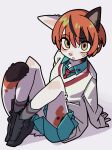 alternate_species alternate_version_at_source amate_yuzuriha anthro black_body black_fur blue_clothing blue_shirt blue_topwear boots bottomwear calico_cat clothed clothing domestic_cat felid feline felis female footwear frown fur furrification green_eyes gundam hair hi_res kemono looking_at_viewer mammal mobile_suit_gundam_gquuuuuux multicolored_body multicolored_eyes multicolored_fur necktie orange_body orange_fur orange_hair red_eyes school_uniform shadow shirt shoes simple_background sitting skirt solo sweater topwear two_tone_eyes uniform white_background white_body white_fur yagi_the_goat