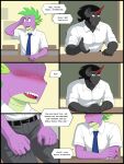 2_horns anthro belt bicorn blush bodily_fluids chalkboard claws clothing dialogue dragon duo english_text equid equine fangs friendship_is_magic hasbro hi_res horn king_sombra_(mlp) male mammal my_little_pony mythological_creature mythological_equine mythological_scalie mythology necktie red_eyes scalie school_uniform shaded shallowwin sketch speech_bubble spike_(mlp) sweat sweatdrop teeth text unicorn uniform
