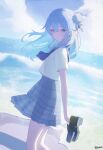 1girl absurdres alternate_costume beach blue_eyes blue_hair blue_skirt blue_sky closed_mouth cloud colored_inner_hair commentary day deozt double-parted_bangs floating_hair from_side hair_between_eyes hair_bun highres holding holding_shoes holding_unworn_clothes hololive hoshimachi_suisei loafers long_hair looking_at_viewer multicolored_hair official_alternate_hairstyle one_side_up outdoors plaid_clothes plaid_skirt pleated_skirt sailor_collar school_uniform see-through_silhouette serafuku shirt shoes short_sleeves side_up_bun single_hair_bun skirt sky smile solo star_(symbol) star_in_eye symbol-only_commentary symbol_in_eye unworn_shoes virtual_youtuber white_shirt 