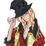  1boy adjusting_clothes adjusting_headwear black_hat blonde_hair blue_eyes braid bright_pupils commentary dio_(kyokugen_dasshutsu) english_commentary hamnerheads hat highres jacket kyokugen_dasshutsu kyokugen_dasshutsu_adv:_zennin_shibou_desu male_focus medium_hair open_clothes open_jacket procreate_(medium) red_jacket red_shirt shirt simple_background smile solo top_hat twin_braids upper_body white_background white_pupils 