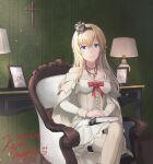  1girl armchair blonde_hair blue_eyes book braid breasts chair crossed_legs crown dress flower hair_between_eyes hairband half_up_braid highres jewelry kamo_mayor kantai_collection long_sleeves looking_at_viewer medium_breasts mini_crown off-shoulder_dress off_shoulder photo_(object) picture_frame red_flower red_rose rose sitting solo warspite_(kancolle) white_dress 