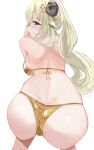  1girl absurdres animal_ears ass ass_focus back bare_shoulders bent_over bikini black_horns blonde_hair blue_eyes blush breasts canvas_sensei clenched_hand closed_mouth commentary commission curled_horns ears_down eyebrows_hidden_by_hair feet_out_of_frame from_behind gold_bikini hair_between_eyes hair_ornament hair_over_shoulder hairclip half-closed_eyes hand_on_own_cheek hand_on_own_face hands_up high_ponytail highres hololive horns large_breasts leaning_forward long_eyelashes long_hair looking_at_viewer looking_back narrowed_eyes parallel_hairclips parted_bangs ponytail profile raised_eyebrows raised_inner_eyebrows sheep_ears sheep_girl sheep_horns sidelocks sideways_mouth simple_background skeb_commission smile solo sparkling_eyes strapless strapless_bikini string_bikini striped_blush swimsuit thick_eyelashes tsunomaki_watame turning_head very_long_hair virtual_youtuber water_drop wet white_background wide_hips 