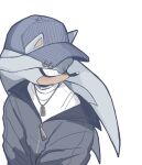  1boy alternate_costume animal_ears black_hat black_jacket blue_eyes ears_through_headwear furry furry_male grey_fur hat highres jacket jewelry jiajiaa00 looking_to_the_side necklace shirt silver_the_hedgehog simple_background solo sonic_(series) white_background white_shirt 