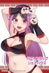  1girl :d armpits arms_up artist_name black_hair black_nails black_panties breasts bun_cover chinese_clothes cleavage cleavage_cutout clothing_cutout colored_inner_hair copyright_logo cropped_shirt double_bun earrings fanged_bangs hair_bun honey_trap_shared_house image_sample index_finger_raised jewelry kouzuki_kouichi long_hair meandros medium_breasts multicolored_hair navel official_art pankou panties parted_bangs pink_hair red_background red_eyes second-party_source shirt sleeveless sleeveless_shirt smile solo streaked_hair stud_earrings tassel tassel_earrings two-tone_background underwear v wang_hyouka white_background wrist_guards 