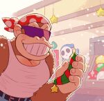  2boys bandana blue_robe brown_fur donkey_kong_(series) funky_kong furry furry_male grin hooded_robe mario_(series) minashirazu multiple_boys polka_dot_bandana red_bandana robe shy_guy smile star_(symbol) sunglasses tank_top white_mask white_tank_top 