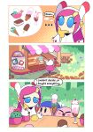  1girl bandana bandana_waddle_dee blue_bandana blue_eyes blush_stickers cherry colored_skin food fruit gloves hair_ornament hairclip hand_on_own_chin ice_cream ice_cream_sandwich kirby kirby_(series) multiple_scoops pink_hair pink_skin popsicle rayman_limbs skewedcanvas susie_(kirby) waddle_dee yellow_gloves 