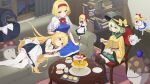  3girls absurdres alice_margatroid apron black_dress black_thighhighs blonde_hair blue_dress blue_eyes book capelet couch cup desk dessert dress food frilled_dress frilled_sleeves frills green_eyes green_hair green_skirt hairband hat highres holding holding_cup indoors jewelry kanpa_(campagne_9) kirisame_marisa komeiji_koishi long_hair lying mini-hakkero multiple_girls mushroom official_art on_couch puppet_rings red_hairband ring second-party_source shanghai_doll shirt short_hair skirt smile thighhighs third_eye touhou unworn_headwear white_apron white_capelet white_thighhighs witch_hat yellow_eyes yellow_shirt 