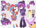  2girls ? anger_vein arguing beanie black_boots blush bone boots colored_skin covering_own_ears english_commentary flower gummigoo hamster hat highres humanoid_robot jax_(the_amazing_digital_circus) jester jester_cap multicolored_eyes multiple_girls murder_drones n_(murder_drones) nanarauwu pom_pom_(clothes) pomni_(the_amazing_digital_circus) purple_eyes purple_hair robot the_amazing_digital_circus uzi_(murder_drones) white_skin 