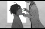  2boys ahoge black_hair brothers commentary_request doctor eyes_out_of_frame from_side glass greyscale hair_between_eyes hand_on_another&#039;s_chin head_out_of_frame highres holding holding_pill itoshiki_mikoto itoshiki_nozomu japanese_clothes kimono lab_coat letterboxed looking_up male_focus monochrome multiple_boys necktie open_mouth pill sayonara_zetsubou_sensei siblings spot_color sweater tomato_ebichiri tongue tongue_out upper_body window 