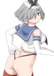  1girl 30-06 adjusting_clothes adjusting_panties ass black_hairband black_neckerchief black_panties blue_eyes blue_sailor_collar cosplay crop_top elbow_gloves from_behind gloves grey_hair hair_ornament hair_over_one_eye hairband hairclip hamakaze_(kancolle) highleg highleg_panties highres kantai_collection looking_at_viewer looking_back miniskirt neckerchief panties red_thighhighs sailor_collar shimakaze_(kancolle) shimakaze_(kancolle)_(cosplay) shirt short_hair simple_background skirt sleeveless sleeveless_shirt solo striped_clothes thighhighs thong underwear white_background white_gloves 