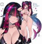  1girl absurdres adramallih anchor_ornament anger_vein animal_ear_piercing animal_ears arm_behind_back bare_arms bare_legs bare_shoulders bikini black_bikini black_hair black_shoes blue_eyes breasts chain choker cleavage cleft_of_venus collarbone commentary contrapposto english_commentary facial_mark fins fish_tail gills hair_between_eyes hair_ornament hairclip hand_in_own_hair heart heart_facial_mark heart_hair_ornament highleg highleg_bikini highres large_breasts licking_lips long_hair mark_under_both_eyes multicolored_hair multiple_views navel nipples original outline piercing pink_hair puff_of_air pussy see-through_bikini see-through_clothes shark_tail sharp_teeth shoes simple_background star_(symbol) star_facial_mark stomach streaked_hair swimsuit tail tail_ornament tail_piercing teeth tongue tongue_out twintails whistle whistle_around_neck white_background white_outline 
