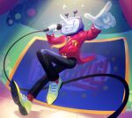 1boy :d ant_tenna black_pants deltarune english_commentary full_body gloves holding holding_microphone indoors male_focus marineflames microphone necktie object_head pants pointy_nose shoes smile sparkle spotlight stage tailcoat teeth television white_gloves yellow_necktie yellow_shoes 