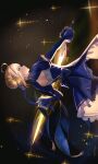  1girl ahoge artist_name artoria_pendragon_(fate) back_cutout blonde_hair blue_dress clothing_cutout commentary_request cowboy_shot dress excalibur_(fate/stay_night) fate/stay_night fate_(series) from_side glowing glowing_sword glowing_weapon green_eyes hair_bun highres holding holding_sword holding_weapon honkai:_star_rail honkai_(series) juliet_sleeves long_sleeves mitsukayurie pantyhose puffy_sleeves saber_(fate) sidelocks sideways solo sword weapon 