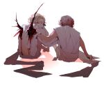  2boys amputee back barefoot bleeding blonde_hair blood blood_in_hair blood_on_arm blood_on_clothes blood_on_face blood_on_hands commentary covered_mouth covering_face covering_own_mouth cracked_skin english_commentary facing_away from_behind full_body glowing glowing_eyes glowing_wings grey_hair highres holding injury japanese_clothes jesus knee_up knees_up long_sleeves looking_at_viewer lucifer_(mythology) male_focus mechanical_wings missing_limb multicolored_hair multiple_boys nezumiayasha outstretched_arm red_eyes red_hair robe sash short_hair simple_background single_wing sitting sleeveless the_bible toga topless_male wavy_hair white_background wings 