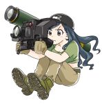  1girl anonymous_(japanese) belt black_hat blue_hair boots breasts brown_belt brown_boots brown_eyes brown_gloves brown_pants cleavage collarbone combat_boots crop_top curly_hair determined fgm-148_javelin from_side frown furrowed_brow gloves green_shirt hat holding holding_weapon japanon kraken_(japanon) kraken_regiment light_blush long_hair looking_to_the_side medium_breasts midriff military non-web_source original pants rocket_launcher shirt sitting solo squid squid_print transparent_background weapon 