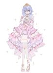  1girl arm_behind_back blue_hair breasts commentary crossed_bangs dress finger_to_mouth full_body hair_between_eyes hand_up hazaki_yoshino high_heels highres idolmaster idolmaster_shiny_colors long_hair parted_lips pink_dress pink_shoes purple_eyes shoes simple_background solo sparkle standing suzuki_hana symbol-only_commentary tiara twitter_username white_background 