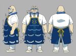  1boy apron bald beard blue_apron blue_hair chef closed_mouth concept_art facial_hair kofu_(pokemon) looking_at_viewer male_focus multicolored_hair official_art pants pokemon pokemon_sv reference_sheet shirt short_sleeves smile solo two-tone_hair unibrow white_shirt 