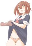  1girl 1other akara_kai assisted_exposure black_serafuku black_shirt black_skirt brown_eyes brown_hair clothes_lift cowboy_shot hairband highres kantai_collection neckerchief open_mouth orange_panties panties plaid_clothes plaid_panties pleated_skirt red_hairband red_neckerchief round_teeth sailor_collar school_uniform serafuku shiratsuyu_(kancolle) shirt short_hair short_sleeves simple_background skirt skirt_lift solo_focus teeth underwear upper_teeth_only white_background white_sailor_collar 