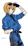  1boy alternate_costume androgynous arm_up bandaged_arm bandages bandaid bandaid_on_arm belt belt_buckle black_belt black_gloves black_shirt blonde_hair blue_eyes blue_jacket blue_pants breast_pocket buckle collared_jacket cowboy_shot eyewear_on_head fingerless_gloves gauze gauze_on_cheek gloves hand_in_pocket highres holster holstered hunter_x_hunter jacket kurapika looking_to_the_side male_focus pants partially_unzipped pocket popped_collar sgossho shirt short_hair simple_background solo standing sunglasses thigh_belt thigh_strap weapon white_background zipper 