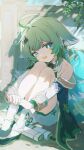  1girl absurdres animal_ears black_shoes coria fox_ears fox_girl green_eyes green_hair highres honkai:_star_rail honkai_(series) huohuo_(honkai:_star_rail) long_hair long_sleeves looking_at_viewer open_mouth paw-shaped_pupils shoes socks solo symbol-shaped_pupils tearing_up white_socks yin_yang_hair_ornament 