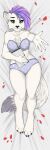 1:3 anthro athletic athletic_anthro beckoning bed black_claws bra breasts chest_tuft claws clothing curvy_figure cute_fangs dakimakura dakimakura_design digital_media_(artwork) dipstick_tail domestic_cat fangs felid feline felis female female_anthro fur furniture gesture green_eyes hair happy hi_res hourglass_figure inner_ear_fluff inviting looking_at_viewer lying mammal markings medium_breasts mohawk on_back on_bed panties paws petals purple_hair rose_petals seductive silianor simple_background smile solo tail tail_markings teeth tuft underwear white_body white_fur white_paws