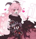  1girl 2boys anger_vein black_dress black_hair blush demon_boy demon_girl demon_horns demon_wings dress funamusea glasses_(funamusea) heart horns husband_and_wife kakketsu lil_(funamusea) looking_at_another looking_at_viewer lowres mother_and_son multiple_boys pink_hair satanick_(funamusea) suit wings 