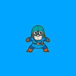  1boy aqua_hat aviator_cap belt belt_buckle blue_background blue_bodysuit blue_eyes blue_tunic bodysuit boots breast_pocket brown_boots brown_gloves buckle chankop chibi clenched_hands commentary_request dragon_quest dragon_quest_ii gloves goggles goggles_on_headwear hat highres looking_at_viewer male_focus pocket prince_of_lorasia roto&#039;s_emblem solo toriyama_akira_(style) tunic 