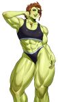  1girl abs absurdres black_panties black_sports_bra brown_hair colored_skin eyepatch freckles green_skin highres jewelry looking_at_viewer muscular muscular_female necklace original panties purple_eyes short_hair simple_background solo sotcho sports_bra sportswear underwear white_background 