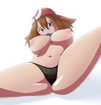  areolae backlighting bandana black_panties blue_eyes breasts brown_hair from_behind haruka_(pokemon) lace lace-trimmed_panties large_areolae large_breasts maydrawfag navel nipples panties plump pokemon pokemon_(game) solo spread_legs thick_thighs thighs topless underwear white_background 