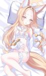  1girl absurdres animal_ear_fluff animal_ears blonde_hair blue_archive blush bra cross_halo ear_wreath extra_ears forehead fox_ears fox_girl fox_tail frilled_thigh_strap gradient_eyes halo highres itami_riya long_hair long_sleeves looking_at_viewer lying multicolored_eyes navel on_back panties pillow seia_(blue_archive) sleeve_bow sleeves_past_wrists solo tail thigh_strap underwear very_long_hair white_bra white_panties yellow_halo 