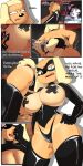 absurd_res anthro big_breasts biped blonde_hair blue_eyes brandy_and_mr._whiskers brandy_harrington breasts canid canine canis clothed clothing corset dialogue disney domestic_dog dominatrix duo female hair hand_on_hip hi_res latex latex_clothing legwear lingerie looking_at_viewer mammal mask pasties suntan tail tan_line text thick_thighs thigh_highs tobitobi90 topwear white_sclera yellow_tail