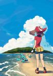  1girl bandana bike_shorts black_shorts black_socks brown_hair cloud cloudy_sky english_commentary fanny_pack from_behind full_body gloves island may_(pokemon) mirage_island mixed-language_commentary ocean pokemon pokemon_(creature) pokemon_rse red_bandana red_shirt red_shoes rowdon shirt shoes shorts sky socks standing wynaut 