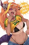  1girl ;d absurdres ahoge alternate_costume alternate_hairstyle back bikini bikini_under_clothes black_bikini blonde_hair bow brazilian_flag brazilian_flag_print breasts bright_pupils clothes_lift denim denim_shorts dragon_girl dragon_horns dragon_tail flag_print hair_intakes hand_up highleg highleg_bikini highres hololive horn_bow horn_ornament horns huge_breasts kiryu_coco kivo looking_at_viewer multicolored_hair one_eye_closed open_fly orange_hair pointy_ears print_shirt red_eyes shirt shirt_lift shorts slit_pupils smile stomach streaked_hair swimsuit t-shirt tail tan tanlines tongue tongue_out translation_request twintails virtual_youtuber white_pupils 