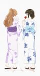  2girls 89ru0 absurdres blue_eyes brown_hair candy_apple commentary_request cotton_candy food from_behind full_body highres holding holding_cotton_candy holding_food japanese_clothes kimono konoe_kanata long_hair looking_at_another love_live! love_live!_nijigasaki_high_school_idol_club low_side_ponytail multiple_girls obi official_alternate_costume official_alternate_hairstyle osaka_shizuku ponytail print_kimono sandals sash sidelocks simple_background white_background yukata zouri 
