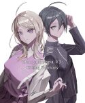  1boy 1girl ahoge akamatsu_kaede black_hair black_jacket blonde_hair breasts brown_eyes buttons collared_jacket collared_shirt commentary_request copyright_name crest danganronpa_(series) danganronpa_v3:_killing_harmony english_text eyelashes hair_between_eyes hair_ornament highres jacket long_hair long_sleeves looking_at_viewer musical_note musical_note_hair_ornament musical_note_print necktie orange_necktie pants pink_sweater_vest pink_vest pinstripe_jacket pinstripe_pants pinstripe_pattern pleated_skirt ringed_eyes saihara_shuichi shirt short_hair simple_background skirt smile striped_clothes striped_jacket striped_pants sukizukiko sweater_vest upper_body vest white_background white_bag white_shirt 