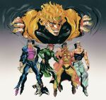  5boys araki_hirohiko_(style) ark_nemesis black_shirt blonde_hair blue_coat blue_hat blue_pants brown_shoes chain clenched_teeth coat dark-skinned_male dark_skin dio_brando dog earrings english_commentary evil_grin evil_smile gakuran gradient_background green_coat green_headband green_nails green_pants grey_background grey_hair grey_headband grey_pants grin hat headband highres iggy_(jojo) jacket jean_pierre_polnareff jewelry jojo_no_kimyou_na_bouken kakyoin_noriaki kujo_jotaro long_coat male_focus mohammed_avdol multiple_boys muscular muscular_male necklace official_style open_mouth pants peaked_cap pink_coat purple_shirt purple_shoes red_hair school_uniform shirt shoes smile stardust_crusaders teeth yellow_jacket yellow_pants 