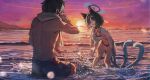  1boy 1girl animal_ears betabeet bikini black_hair blue_archive blush breasts bright_pupils cat_ears cat_tail choker cleavage commentary facing_another halo haori highres japanese_clothes kikyou_(blue_archive) kikyou_(swimsuit)_(blue_archive) multiple_tails navel official_alternate_costume outdoors playing sensei_(blue_archive) short_hair smile splashing sunset swimsuit tail topless_male towel towel_around_neck twilight wading white_pupils 