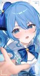  1girl absurdres alternate_costume asymmetrical_sidelocks battery_indicator blue_bow blue_bowtie blue_eyes blue_hair blue_ribbon blurry blurry_edges bow bowtie cleavage_cutout clothing_cutout commentary_request depth_of_field double-parted_bangs dress hair_between_eyes hair_ribbon highres hololive hoshimachi_suisei looking_at_viewer medium_hair open_mouth reach-around recording ribbon sakurada_nana side_ponytail sidelocks solo star_(symbol) star_in_eye symbol_in_eye viewfinder virtual_youtuber white_dress 