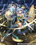  anklet blue_hair boots braid breasts cardfight!!_vanguard cleavage company_name electricity full_body gloves hat holy_mage_rossa jewelry long_hair matsurika_youko medium_breasts official_art pointy_ears sky solo sparkle staff thighhighs yellow_eyes 
